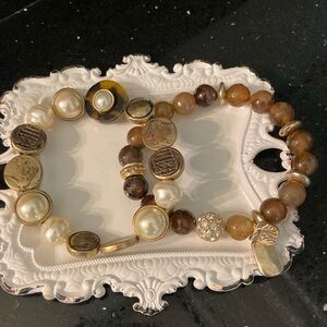 PAIR Chico’s Neutral Beads, Goldtone Coins, Rhinestone Stretch Bracelets